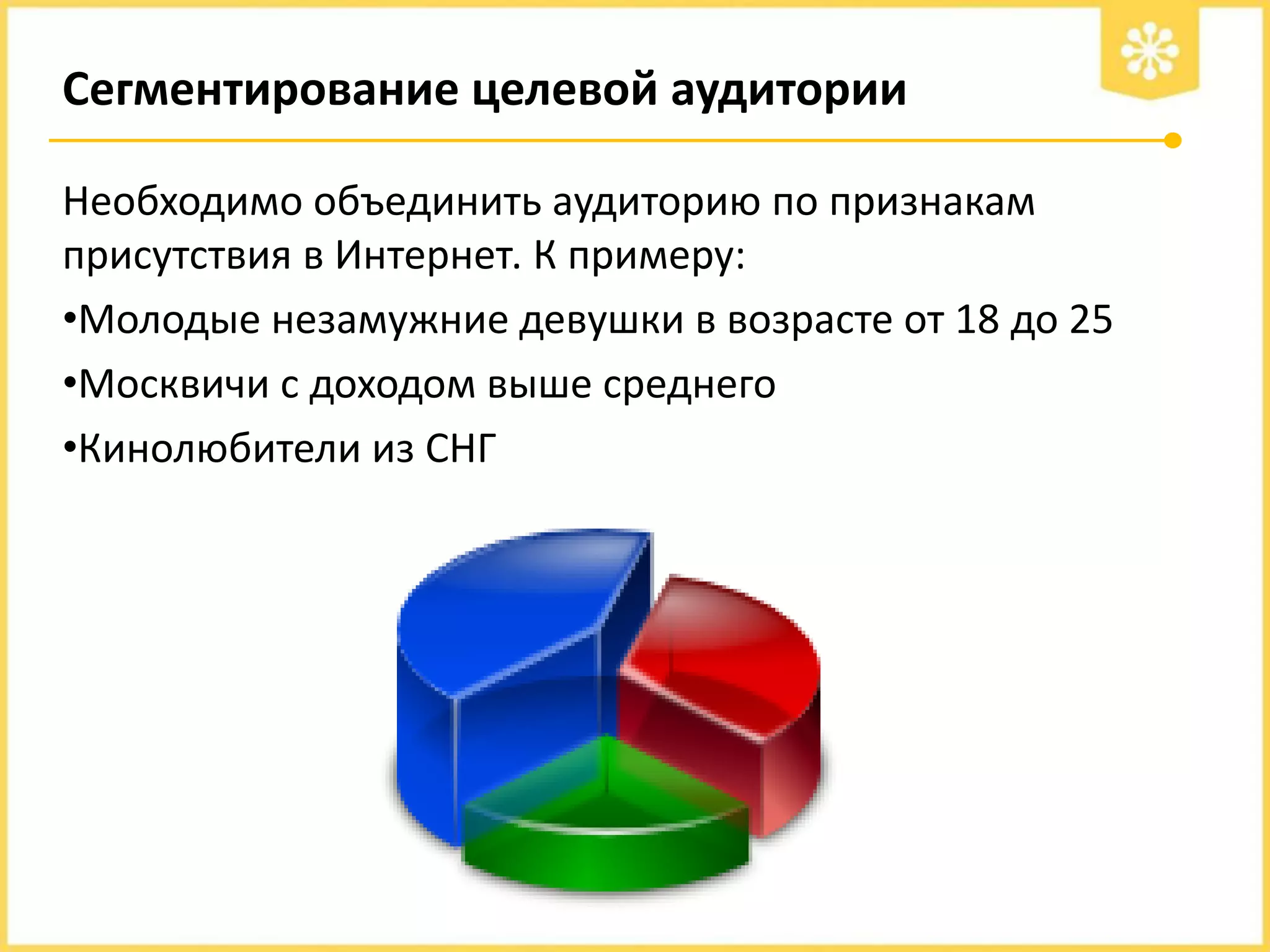 Сегментирование целевой аудитории
Необходимо объединить аудиторию по признакам
присутствия в Интернет. К примеру:
•Молодые незамужние девушки в возрасте от 18 до 25
•Москвичи с доходом выше среднего
•Кинолюбители из СНГ

 