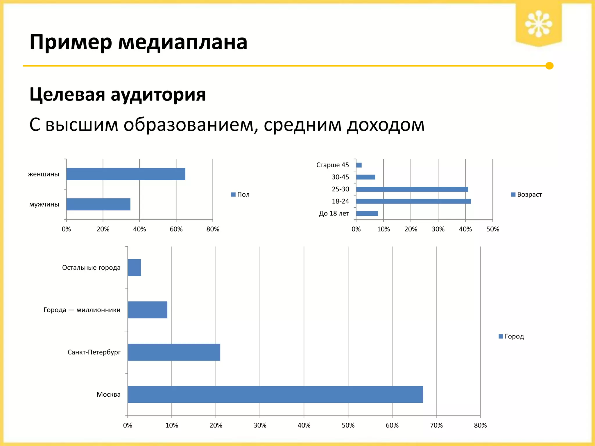 Пример медиаплана
Целевая аудитория
С высшим образованием, средним доходом
Старше 45
женщины

30-45
25-30

Пол

Возраст

18-24

мужчины

До 18 лет
0%

20%

40%

60%

80%

0%

10%

20%

30%

40%

50%

Остальные города

Города — миллионники

Город

Санкт-Петербург

Москва

0%

10%

20%

30%

40%

50%

60%

70%

80%

 