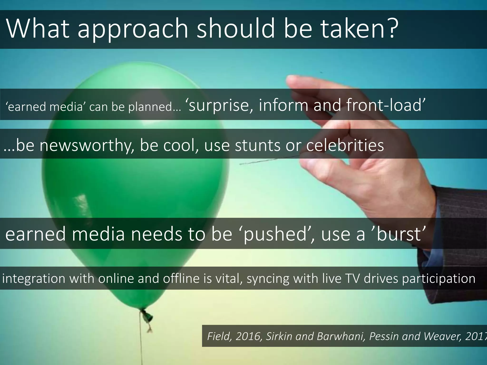 What approach should be taken?
‘earned media’ can be planned… ‘surprise, inform and front-load’
earned media needs to be ‘pushed’, use a ’burst’
…be newsworthy, be cool, use stunts or celebrities
Field, 2016, Sirkin and Barwhani, Pessin and Weaver, 2017
integration with online and offline is vital, syncing with live TV drives participation
 