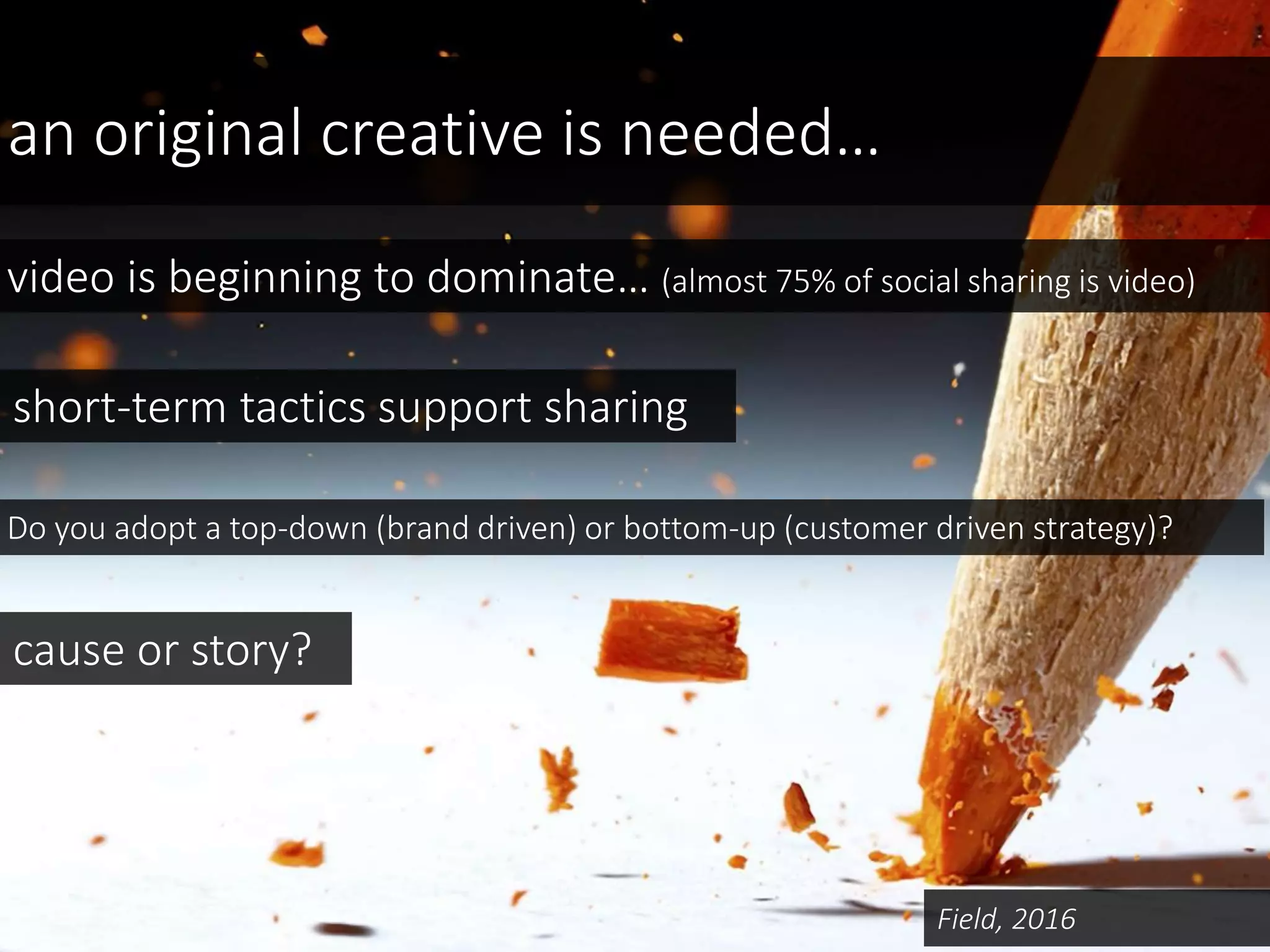 an original creative is needed…
Field, 2016
video is beginning to dominate… (almost 75% of social sharing is video)
Do you adopt a top-down (brand driven) or bottom-up (customer driven strategy)?
cause or story?
short-term tactics support sharing
 