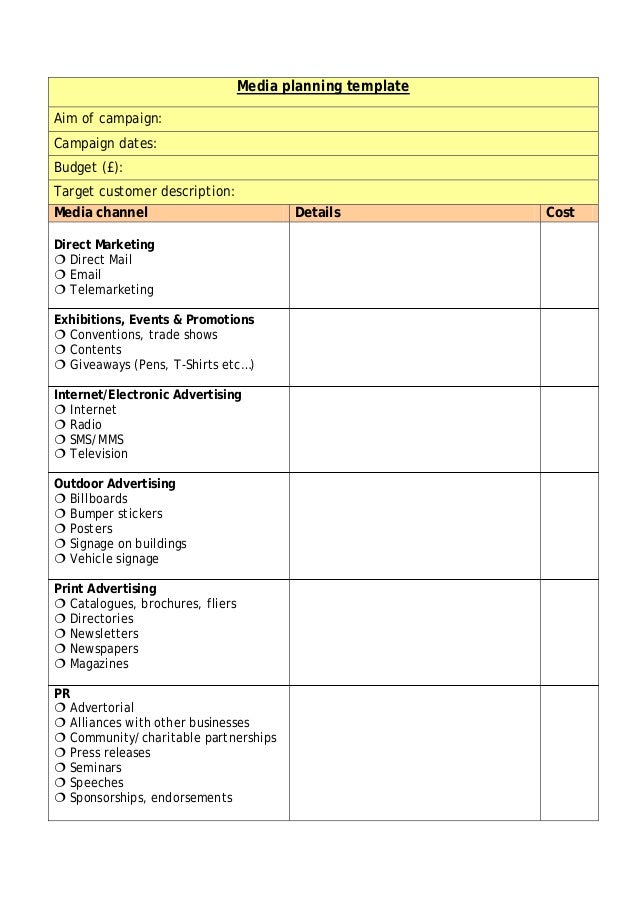 media planning template media planning template