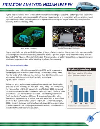 SITUATION ANALYSIS: NISSAN LEAF EV

 Hybrid electric vehicles (HEV) contain an Internal Combustion Engine (ICE) and a battery-powered electric mo-
 tor. Both propulsion systems are capable of running independently or in conjunction with one another. Most
 hybrids employ various technologies such as regenerative breaking and engine downsizing to improve fuel
 economy (Hybridcenter.org, 2009).




                    Ford Hybrid Technology                         Mazda Tribute Hybrid Technology

 Plug-in hybrid electric vehicles (PHEV) contain BEV and HEV technologies. Plug-in hybrid electrics are capable
 of traveling substantial distances using an electric motor; a gasoline engine starts when the battery is nearly
 depleted (CARB Advanced Tech Vehicle Guide). The combination of battery capabilities and a gasoline engine
 eliminates range restrictions while providing significant fuel economy.


 The Automotive Market

 Automakers sold 13.2 million new vehicles in 2008, an 18 percent drop
 from the previous year (Vlasic and Bunkley, The New York Times, 2009).
 New car sales, which had once risen to more than 16 million units annu-
 ally, are not likely to rebound significantly for several years.
 Figure 2: Sales Forecasts

 Sliding gas prices and the poor economy have precipitated shrinking hy-
 brid sales as well (Bunkley, The New York Times, 2009). The Toyota Prius,
 for instance, had sold 16.9% less vehicles as of October 2009, compared
 to the previous year (Market Data Center, WSJ.com, 2009). Similarly, sales
 of the Honda Civic have slid more than 25%. Despite the government’s
 “cash-for-clunkers” program, JD Power & Associates lowered its sales
 forecasts to approximately 10 million new vehicles in 2009, a far cry from
 the more than 15 million new vehicles sold in 2007 (Automotive Digest,
 2009). Nissan’s challenge for the Leaf extends beyond the nascent nature
 of electric vehicles: the slumping economy and relative consumer inertia
 threaten to thwart the car’s introduction.




                                                                                                            4
 