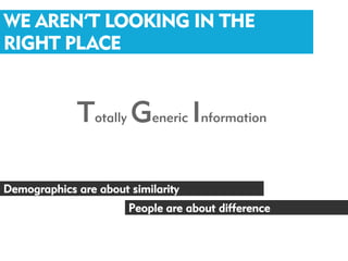 WE AREN’T LOOKING IN THE
RIGHT PLACE


             Totally Generic Information

Demographics are about similarity
                       People are about difference
 