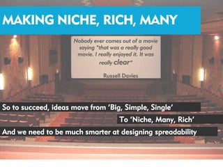 RICHNESS
MAKING NICHE, RICH, MANY
                     Nobody ever comes out of a movie
                      saying “that was a really good
                      movie. I really enjoyed it. It was
                               really clear”

                                 Russell Davies




So to succeed, ideas move from ‘Big, Simple, Single’
                                        To ‘Niche, Many, Rich’
And we need to be much smarter at designing spreadability
 