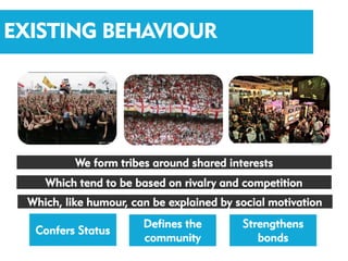 EXISTING BEHAVIOUR




           We form tribes around shared interests
     Which tend to be based on rivalry and competition
  Which, like humour, can be explained by social motivation
                        Defines the        Strengthens
   Confers Status
                        community             bonds
 
