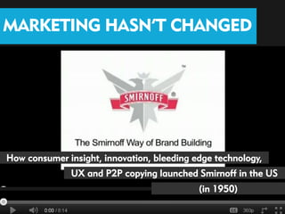 MARKETING HASN’T CHANGED




How consumer insight, innovation, bleeding edge technology,
              UX and P2P copying launched Smirnoff in the US
                                            (in 1950)
 