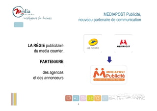 MEDIAPOST Publicité,
                        nouveau partenaire de communication




LA RÉGIE publicitaire
   du media courrier,

       PARTENAIRE

         des agences
   et des annonceurs




                        2
 