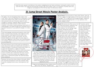 Overall this poster appears to be effective to the audience, highlighting the main factors and themes involving the context and plot 
of the film clearly; cops undercover that have been posing as high school students. There is an assortment of symbols both in the 
foreground and background of this film that makes this effectiveness evident. 
21 Jump Street Movie Poster Analysis. 
Mature humour: This visual prop of a “senior prom” banner, a blue san 
serif font, suggests the target audience of the movie to be solely aimed 
at teenagers. This is a significant rite of passage teenager’s experience, 
therefore emphasising targeting teens, as it is an experience more 
recently relatable to them. 
The actor’s names, the title of the film and the 
release date, are evident to be typical codes and 
conventions of movie posters, highlighting to the 
audience of the significant facts they need to know 
about the film, as a consumer. These codes and 
convention help grasp the attention from the 
audience about the key information and dates 
regarding the movie. 
The tagline, “the only thing getting blown tonight is their 
cover” which is also a pun, establishes the comedy genre of the 
movie to the audience more clearly. This small, white san serif 
text positioned at the top of the poster (above the main 
protagonist characters), juxtaposes against the youthful prom 
background and tuxedo costumes, to which the focal 
characters on the poster could be portraying a false identity of 
being teenagers, this evident through their contrasting props of 
guns which typically isn’t associated with teenagers or a ‘senior 
prom.’ 
Appeal: With previous box office success, the 
two casted and moreover established, male 
actors, Jonah Hill and Channing Tatum 
attract attention from the teenager target 
audiences, driving more audience 
demographics to the movie, thus increasing 
the film’s movie sales and overall profitable 
success. Both actors are used as USP( unique 
selling points); Jonah is used to cater to the 
comedy factor of this action comedy genre 
film, whereas Channing Tatum’s physical 
appearance is utilised to entice the female 
audience demographic, emphasised as a 
heart throb for this target audience. Both 
actors, due to already being established 
actors can therefore benefit the success of 
the film, driving both of their loyal and 
dedicated audience demographics to 
consumption. By using the film’s characters 
or a major plot point, designers can establish 
some level of plot while still gaining the 
attention of anyone that views the poster. 
The poster uses the 
technique of the female 
gaze, especially for the 
actor Channing Tatum, 
where Channing is 
presented in a form to 
mainly the female 
audience, which can 
underline female 
perspective or reflect 
female attitudes. The 21 
Jump Street poster is 
deliberately aimed at a 
female audience where 
they will strongly consider 
him a heart throb. 
Close body language, positioning and proximity central of the 
frame connotes the two characters in the foreground of the 
poster being the central figures of the film with a close 
relationship; partners in crime or best friends. The prom 
themed background contrasts against the props of guns in 
their hands suggesting a covert mission that could foreshadow 
risk of danger, violence and action to the audience to which is 
an action based film. 
The three dominant colours on the poster are established as 
white, blue and red. While red initially has the connotation of 
danger and anguish. The previously outlined props of guns can 
support this representation in regards to this poster, 
furthermore suggesting a hint of romance which could entwine 
with the film’s action based plot. By using red for the verb 
“jump” in the film’s title, it emphasises the motion of action, 
movement to which due to being a sub categorised action 
genre movie, it will be action packed, fast paced and display 
much momentum. 
Moreover the minor blue colour scheme on the poster reflects 
the masculinity and depiction of the main characters being 
masculine, displayed by their serious facial expressions and 
guns. 
The poster to the movie’s sequel ’22 Jump Street’ 
displays consistent techniques that were displayed 
on the ’21 Jumps Street’ poster such as they red, 
white and blue colour scheme but also the close 
positioning/body language of characters central of 
the frame. This suggests similar antics from the 
characters in the film for the audience to look 
forward to, that were typical of the first movie. 
Foreground and background colour scheme contrast 
against their true identity: FBI agents/cops 
 