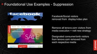 21
Foundational Use Examples - Suppression
Facebook/Social visitors
removed from display/video plan
Remove all lenovo.com visitors from
media execution = nett new strategy
Designated consumer/smb visitors
from lenovo.com removed from
each respective media
 