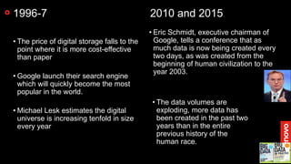 7
1996-7 2010 and 2015
• The price of digital storage falls to the
point where it is more cost-effective
than paper
• Google launch their search engine
which will quickly become the most
popular in the world.
• Michael Lesk estimates the digital
universe is increasing tenfold in size
every year
• Eric Schmidt, executive chairman of
Google, tells a conference that as
much data is now being created every
two days, as was created from the
beginning of human civilization to the
year 2003.
• The data volumes are
exploding, more data has
been created in the past two
years than in the entire
previous history of the
human race.
 