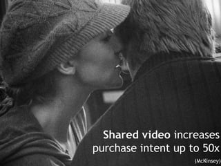 Why “shares” is a key
metric to track
Shared video:
• Increases Purchase intent up to 50x
(McKinsey)
• Drives user action and increases ROI

@Design, need a great
image to show the value of
a share. Amplifying
messages or people
whispering.

• Increases Targeting; video reaches
interested people with a purchase
need
• 12-25 new opportunities to view
v

Sources: McKinsey, Decipher, Unruly ShareRank studies

Shared video increases
purchase intent up to 50x
7

(McKinsey)

 