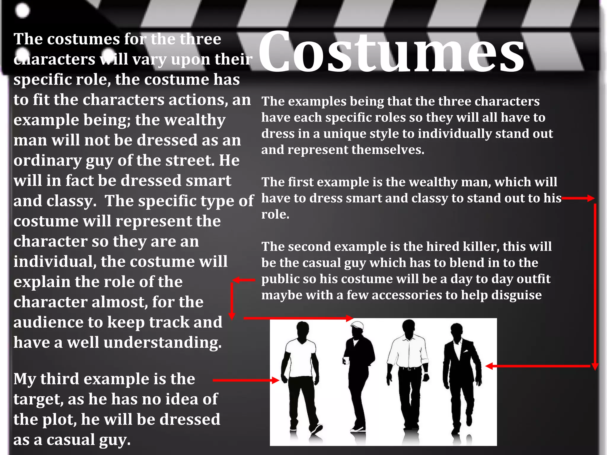 The costumes for the three
characters will vary upon their
specific role, the costume has
to fit the characters actions, an
example being; the wealthy
man will not be dressed as an
ordinary guy of the street. He
will in fact be dressed smart
and classy. The specific type of
costume will represent the
character so they are an
individual, the costume will
explain the role of the
character almost, for the
audience to keep track and
have a well understanding.
My third example is the
target, as he has no idea of
the plot, he will be dressed
as a casual guy.

Costumes
The examples being that the three characters
have each specific roles so they will all have to
dress in a unique style to individually stand out
and represent themselves.
The first example is the wealthy man, which will
have to dress smart and classy to stand out to his
role.
The second example is the hired killer, this will
be the casual guy which has to blend in to the
public so his costume will be a day to day outfit
maybe with a few accessories to help disguise

 