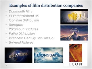 Examples of film distribution companiesExamples of film distribution companies
• Dartmouth Films
• E1 Entertainment UK
• Icon Film Distribution
• Lionsgate
• Paramount Pictures
• Pathé Distribution
• Twentieth Century Fox Film Co.
• Univeral Pictures
 