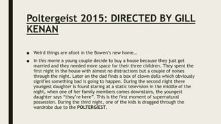 Poltergeist 2015: DIRECTED BY GILL
KENAN
■ Weird things are afoot in the Bowen’s new home…
■ In this movie a young couple decide to buy a house because they just got
married and they needed more space for their three children. They spent the
first night in the house with almost no distractions but a couple of noises
through the night. Later on the dad finds a box of clown dolls which obviously
signifies something bad is going to happen. During the second night there
youngest daughter is found staring at a static television in the middle of the
night, when one of her family members comes downstairs, the youngest
daughter says “they’re here”. This is the first moment of supernatural
possession. During the third night, one of the kids is dragged through the
wardrobe due to the POLTERGIEST.
 