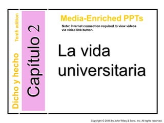 Capítulo2
Media-Enriched PPTs
Note: Internet connection required to view videos
via video link button.
La vida
universitaria
DichoyhechoTenthedition
Copyright © 2015 by John Wiley & Sons, Inc. All rights reserved.
 