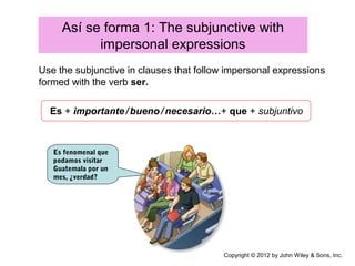 Así se forma 1: The subjunctive with
impersonal expressions
Use the subjunctive in clauses that follow impersonal expressions
formed with the verb ser.
Es + importante/bueno/necesario…+ que + subjuntivo
Es fenomenal que
podamos visitar
Guatemala por un
mes, ¿verdad?
Copyright © 2012 by John Wiley & Sons, Inc.
 