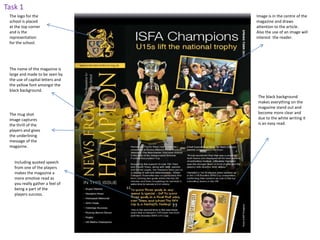 The name of the magazine is
large and made to be seen by
the use of capital letters and
the yellow font amongst the
black background.
The logo for the
school is placed
at the top corner
and is the
representation
for the school.
Image is in the centre of the
magazine and draws
attention to the article.
Also the use of an image will
interest the reader.
Task 1
Including quoted speech
from one of the players
makes the magazine a
more emotive read as
you really gather a feel of
being a part of the
players success.
The black background
makes everything on the
magazine stand out and
become more clear and
due to the white writing it
is an easy read.
The mug shot
image captures
the thrill of the
players and gives
the underlining
message of the
magazine.
 
