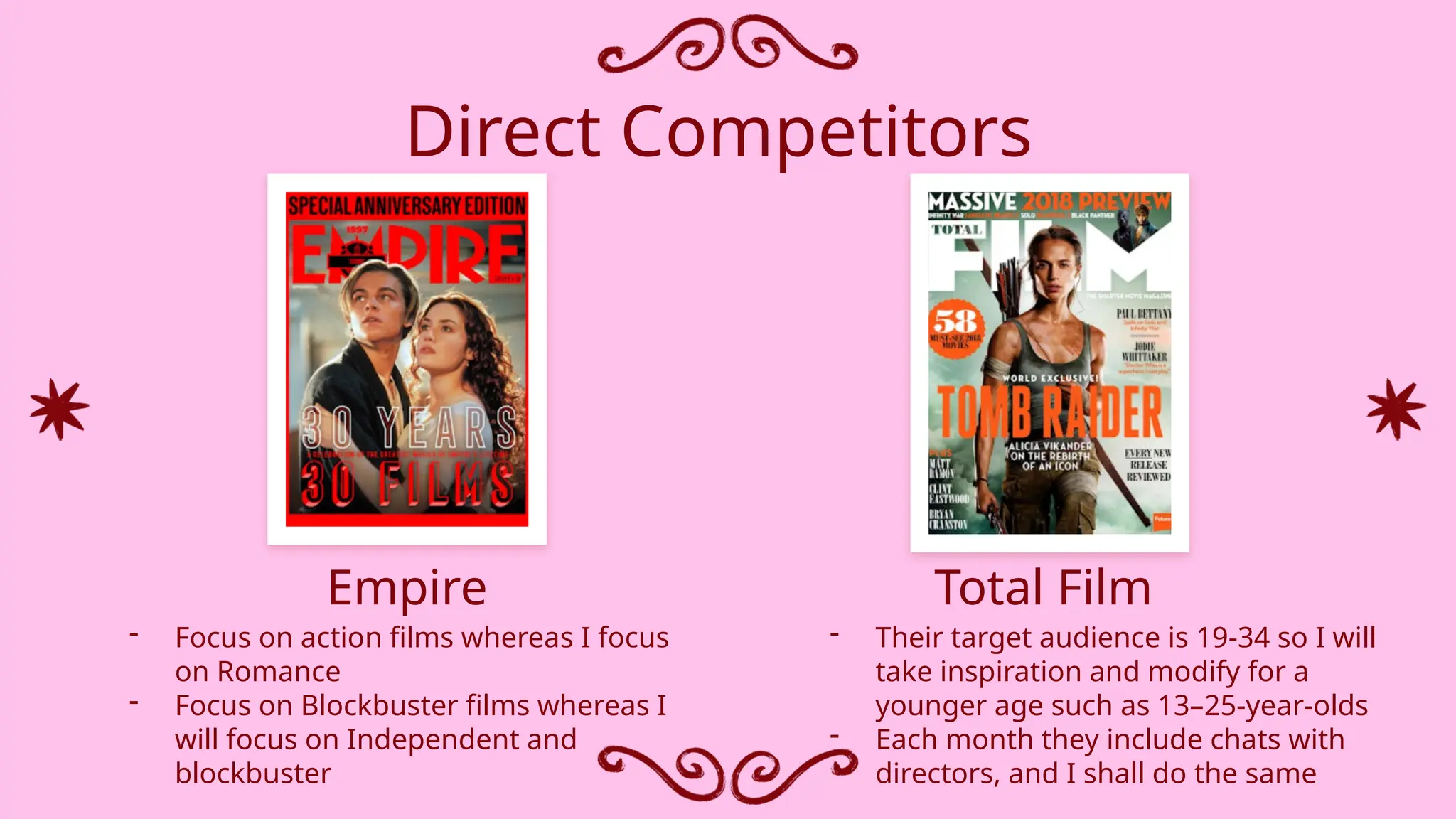 Direct Competitors
- Their target audience is 19-34 so I will
take inspiration and modify for a
younger age such as 13–25-year-olds
- Each month they include chats with
directors, and I shall do the same
- Focus on action films whereas I focus
on Romance
- Focus on Blockbuster films whereas I
will focus on Independent and
blockbuster
Empire Total Film
 