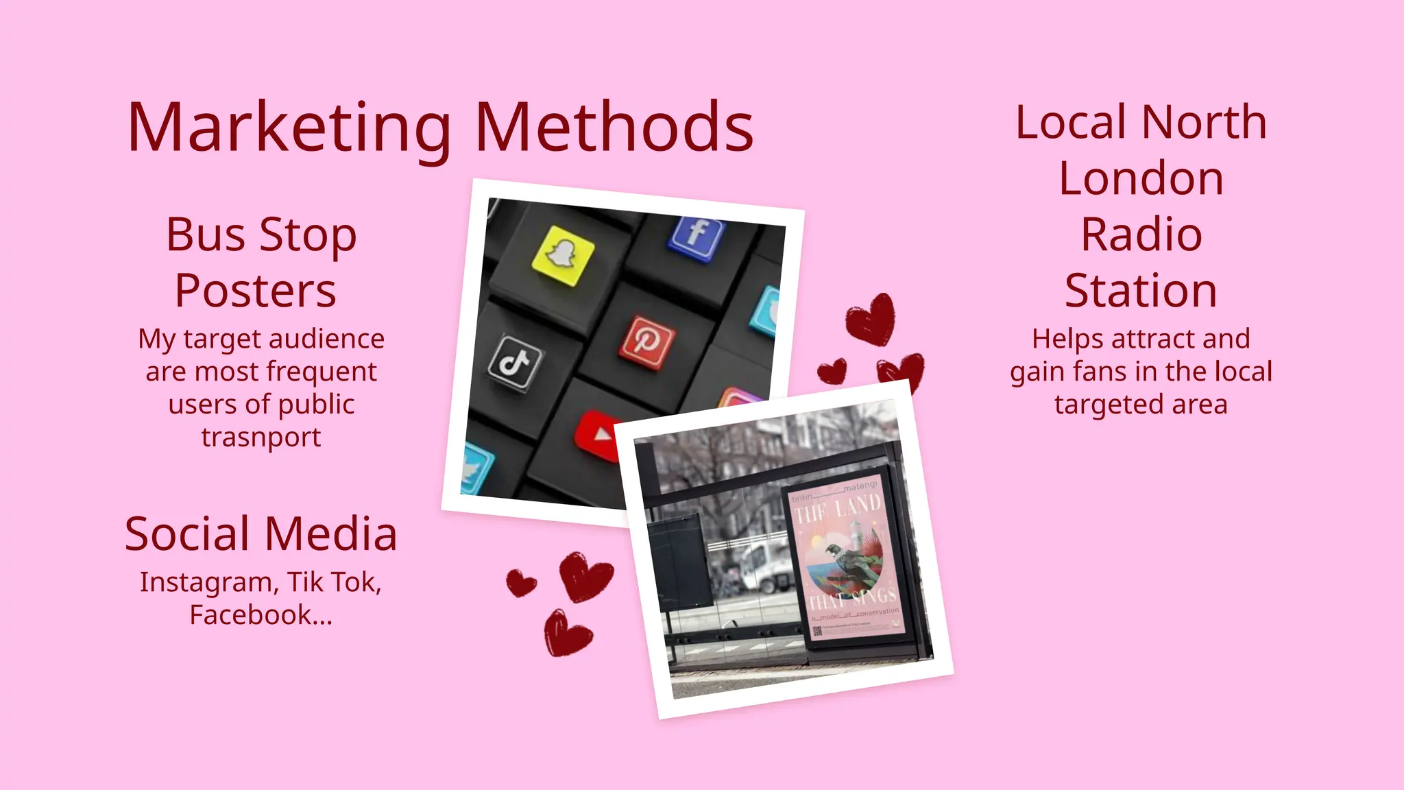 Marketing Methods
My target audience
are most frequent
users of public
trasnport
Helps attract and
gain fans in the local
targeted area
Instagram, Tik Tok,
Facebook…
Bus Stop
Posters
Social Media
Local North
London
Radio
Station
 
