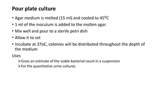 Pour plate culture
• Agar medium is melted (15 ml) and cooled to 45ᴼC
• 1 ml of the inoculum is added to the molten agar.
• Mix well and pour to a sterile petri dish
• Allow it to set
• Incubate at 37oC, colonies will be distributed throughout the depth of
the medium
Uses
Gives an estimate of the viable bacterial count in a suspension
For the quantitative urine cultures
 