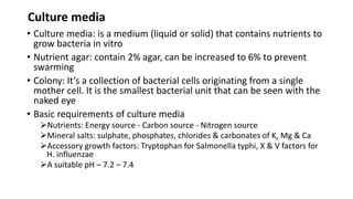Culture media
• Culture media: is a medium (liquid or solid) that contains nutrients to
grow bacteria in vitro
• Nutrient agar: contain 2% agar, can be increased to 6% to prevent
swarming
• Colony: It’s a collection of bacterial cells originating from a single
mother cell. It is the smallest bacterial unit that can be seen with the
naked eye
• Basic requirements of culture media
Nutrients: Energy source - Carbon source - Nitrogen source
Mineral salts: sulphate, phosphates, chlorides & carbonates of K, Mg & Ca
Accessory growth factors: Tryptophan for Salmonella typhi, X & V factors for
H. influenzae
A suitable pH – 7.2 – 7.4
 