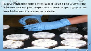 • Line your sterile petri plates along the edge of the table. Pour 20-25ml of the
media into each petri plate. The petri plate lid should be open slightly, but not
completely open as this increases contamination.
 