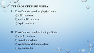 TYPES OF CULTURE MEDIA
I. Classification based on physical state
a) solid medium
b) semi solid medium
c) liquid medium
II. Classification based on the ingredients
a) simple medium
b) complex medium
c) synthetic or defined medium
d) special media
 