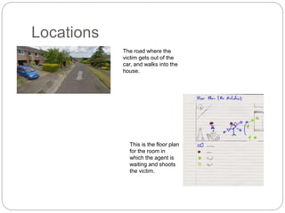 Locations
The road where the
victim gets out of the
car, and walks into the
house.
This is the floor plan
for the room in
which the agent is
waiting and shoots
the victim.
 
