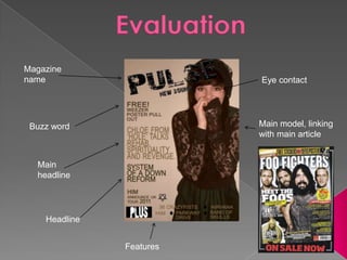 Evaluation Magazine name Eye contact Main model, linking with main article Buzz word Main headline Headline Features 