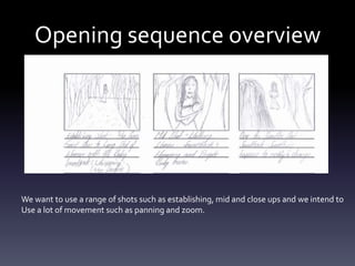 Opening sequence overview




We want to use a range of shots such as establishing, mid and close ups and we intend to
Use a lot of movement such as panning and zoom.
 