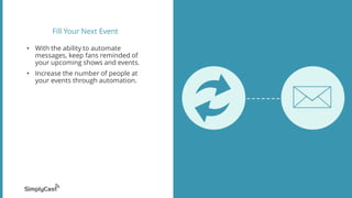 Fill Your Next Event
• With the ability to automate
messages, keep fans reminded of
your upcoming shows and events.
• Increase the number of people at
your events through automation.