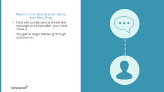 New Fans Can Quickly Learn About
Your Next Show
• Fans can quickly send a simple text
message and know when your next
show is.
• You gain a larger following through
automation.
