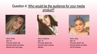 Question 4: Who would be the audience for your media
product?
Name: Bridie
Age: 19
Favourite artist/s: My
favourite artists are Shawn
Mendes and Lady Gaga.
Name: Abby
Age: 20
Favourite artist/s: My
favourite artists are Adele
and Ed Sheeran.
Name: Catherine
Age: 18
Favourite artist/s: My
favourite artist is Shawn
Mendes.
 