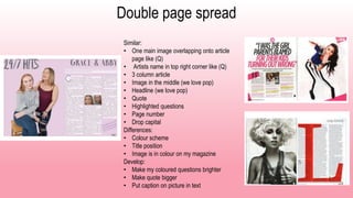 Double page spread
Similar:
• One main image overlapping onto article
page like (Q)
• Artists name in top right corner like (Q)
• 3 column article
• Image in the middle (we love pop)
• Headline (we love pop)
• Quote
• Highlighted questions
• Page number
• Drop capital
Differences:
• Colour scheme
• Title position
• Image is in colour on my magazine
Develop:
• Make my coloured questions brighter
• Make quote bigger
• Put caption on picture in text
 