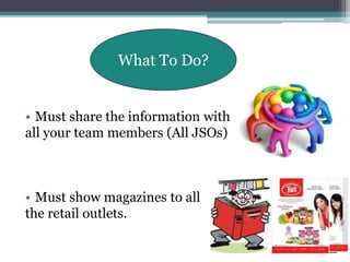 • Must share the information with
all your team members (All JSOs)
• Must show magazines to all
the retail outlets.
What To Do?
 