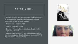 A STAR IS BORN
• This film is a love story between a troubled Rockstar and
an aspiring singer, it follows their relationship and her
blossoming success up until his death.
• Release date – October 2018
• Director – Bradley Cooper
• Starring – Stephany Germanotta (Lady Gaga), Bradley
Cooper and Sam Elliot
• Awards – Best actress (CC), Best original score (BAFTA),
Best cinematography (Satellite), Best performance (MTV &
TV), Best motion picture (satellite)
 