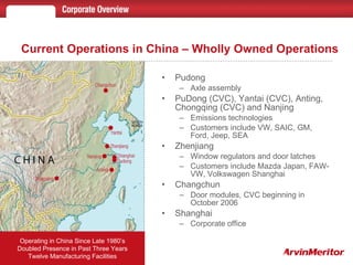 Current Operations in China – Wholly Owned Operations Pudong Axle assembly PuDong (CVC), Yantai (CVC), Anting, Chongqing (CVC) and Nanjing Emissions technologies Customers include VW, SAIC, GM, Ford, Jeep, SEA Zhenjiang Window regulators and door latches Customers include Mazda Japan, FAW-VW, Volkswagen Shanghai Changchun Door modules, CVC beginning in October 2006 Shanghai Corporate office Operating in China Since Late 1980’s Doubled Presence in Past Three Years Twelve Manufacturing Facilities 