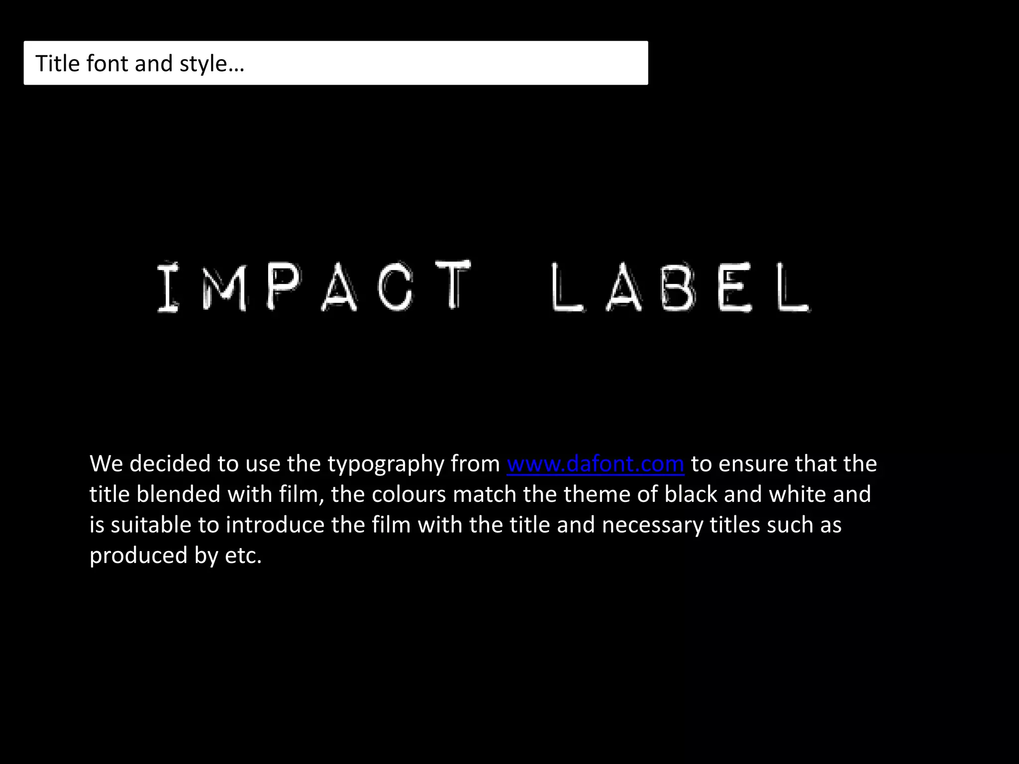 Camera work and editing…In Final Cut we were able to change the lighting and adapt the colour correction. These tools were helpful for us, as we were able to create the necessary effect that we wanted in the completed product. When creating our soundtrack, we struggled with finding appropriate music that suited our film and genre. It took a long time to find the suited music. We wanted certain music to enter and particular times, and we had the convert our film so we were able to use it in Soundtrack. We were also able to adapt the levels in volume and increase and decrease them when needed.We used a video camera to film our footage and used a tripod so the shots were straight and well framed. We used and Apple Mac to upload our footage and then used the software Final cut HD, Soundtrack and Livetype to edit, make sound and titles for our sequence.When using the equipment, it was easy to function, for example like the tripod and camera. As we were filming in the early evening, we did struggle with the lighting, so we had to re-shoot some of the shot when we had uploaded them onto Final Cut HD.
