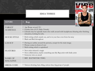 IDEA THREE


GENRE         • Rap

TARGET        • Age Range around 18+
AUDIENCE      • Gender ratio 65:35 (Male: Female)
              • Lifestyle may be typically bums who walk around with headphones blearing after finishing
                education, looking for jobs.
HOUSE STYLE   • Bold writing which stands out, and is in your face even from far away
              • Black and Red throughout

LAYOUT        • Having an outline around the pictures, except for the main image.
              • Picture comes in-front of text
              • Bold writing which is capitalized
FEATURES      • New artist released a single
              • New collaboration, maybe something rare like Rap artist with Indie artist
              • Someone wins an award
NAME OF       • RRT (RAP RHYME TIME)
MAGAZINE

DRESS-CODE    • Tattoos showing, hats, bling, serious face, big group of people
 