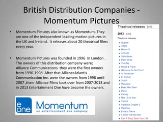 British Distribution Companies Momentum Pictures
•

Momentum Pictures also known as Momentum. They
are one of the independent leading motion pictures in
the UK and Ireland. It releases about 20 theatrical films
every year.

•

Momentum Pictures was founded in 1996 in London .
The owners of this distribution company were;
Alliance Communications they were the first owners
from 1996-1998. After that AllianceAtlantis
Communication Inc. were the owners from 1998 until
2007 ,then Alliance Films took over from 2007-2013 and
in 2013 Entertainment One have become the owners.

 