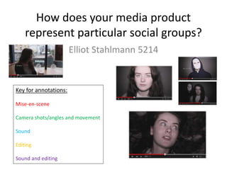 How does your media product
represent particular social groups?
Elliot Stahlmann 5214
Key for annotations:
Mise-en-scene
Camera shots/angles and movement
Sound
Editing
Sound and editing
 