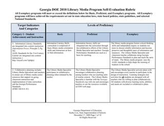 Georgia DOE 2010 Library Media Program Self-Evaluation Rubric
   All Exemplary programs will meet or exceed the definitions below for Basic, Proficient, and Exemplary programs. All Exemplary
   programs will have achieved the requirements set out in state education laws, state board policies, state guidelines, and selected
   National Standards.

      Target Indicators                                                                    Levels of Proficiency
       And Categories
Category 1 - Student                                  Basic                                Proficient                                        Exemplary
Achievement and Instruction

1. Information Literacy Standards,        Information Literacy Skills        Information literacy skills are             The library media program fosters critical thinking
are integrated into content instruction    curriculum is comprised of         integrated into the curriculum through      skills and independent inquiry so students can
(Information Power; Principle 2; Pg.       basic library media orientation    the collaborative efforts of the Library    learn to choose reliable information and become
58)                                        skills and instruction on how      Media Specialist and teachers. Georgia      proactive and thoughtful users of information and
AASL Standards for the 21st-Century        to find information.               Performance Standards are used as a         resources. The Library Media Specialist and
Learner are integrated into content                                           basis for teaching.                         classroom teacher collaborate using Georgia
instruction. (                                                                                                            Performance Standards to plan and teach the units
http://tinyurl.com/3q8dpa)                                                                                                of study. The library media program uses the
                                                                                                                          AASL standards to help shape the learning of
                                                                                                                          students in the school

2. Collaborative planning includes        The Library Media Specialist       The Library Media Specialist                The Library Media Specialist actively plans with
Library Media Specialists and teachers    participates in collaborative      encourages collaborative planning           and encourages every teacher to participate in the
to ensure use of library media center     planning when initiated by the     among teachers who are teaching units       design of instruction. Learning strategies and
resources that support on-going           teacher.                           of similar content. The Library Media       activities for all students are designed with all
classroom instruction and                                                    Specialist is familiar with the Georgia     teachers who are willing to plan collaboratively.
implementation of state curriculum                                           Standards.org) web site and encourages      All students with diverse learning styles, abilities,
and the Georgia Performance                                                  teachers to use the resources available     and needs are included in collaborative plans.
Standards.                                                                   on GSO web page.
(IFBD 160-4-4-.01)




                                                                         Georgia Department of Education
                                                                     Kathy Cox, State Superintendent of Schools
                                                                          December 17, 2009 Page 1 of 10
                                                                                All Rights Reserved
 