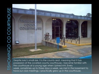 Tishomingo Co CourthouseDespite Iuka’s small size, it is the county seat, meaning that it has possession of the coveted county courthouse. I became familiar with the courthouse at a young age when I joined 4-H. Every week, sometimes up to three days a week, we met in the basement to have our club meetings. I practically grew up in the courthouse.