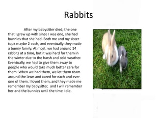 Rabbits
           After my babysitter died, the one
that I grew up with since I was one, she had
bunnies that she had. Both me and my sister
took maybe 2 each, and eventually they made
a bunny family. At most, we had around 14
rabbits at a time, but it was hard for them in
the winter due to the harsh and cold weather.
Eventually, we had to give them away to
people who would take much better care for
them. When we had them, we let them roam
around the lawn and cared for each and ever
one of them. I loved them, and they made me
remember my babysitter, and I will remember
her and the bunnies until the time I die.
 