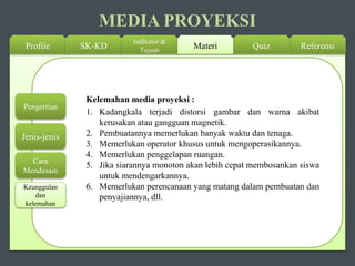 MEDIA PROYEKSI
Profile SK-KD
Indikator &
Tujuan ReferensiQuizMateri
Pengertian
Jenis-jenis
Cara
Mendesain
Keunggulan
dan
kelemahan
Kelemahan media proyeksi :
1. Kadangkala terjadi distorsi gambar dan warna akibat
kerusakan atau gangguan magnetik.
2. Pembuatannya memerlukan banyak waktu dan tenaga.
3. Memerlukan operator khusus untuk mengoperasikannya.
4. Memerlukan penggelapan ruangan.
5. Jika siarannya monoton akan lebih cepat membosankan siswa
untuk mendengarkannya.
6. Memerlukan perencanaan yang matang dalam pembuatan dan
penyajiannya, dll.
 