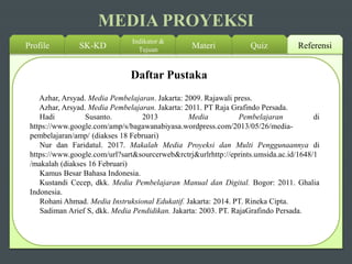 MEDIA PROYEKSI
Profile SK-KD
Indikator &
Tujuan ReferensiQuizMateri
Azhar, Arsyad. Media Pembelajaran. Jakarta: 2009. Rajawali press.
Azhar, Arsyad. Media Pembelajaran. Jakarta: 2011. PT Raja Grafindo Persada.
Hadi Susanto. 2013 Media Pembelajaran di
https://www.google.com/amp/s/bagawanabiyasa.wordpress.com/2013/05/26/media-
pembelajaran/amp/ (diakses 18 Februari)
Nur dan Faridatul. 2017. Makalah Media Proyeksi dan Multi Penggunaannya di
https://www.google.com/url?sart&sourcerweb&rctrj&urlrhttp://eprints.umsida.ac.id/1648/1
/makalah (diakses 16 Februari)
Kamus Besar Bahasa Indonesia.
Kustandi Cecep, dkk. Media Pembelajaran Manual dan Digital. Bogor: 2011. Ghalia
Indonesia.
Rohani Ahmad. Media Instruksional Edukatif. Jakarta: 2014. PT. Rineka Cipta.
Sadiman Arief S, dkk. Media Pendidikan. Jakarta: 2003. PT. RajaGrafindo Persada.
Daftar Pustaka
 