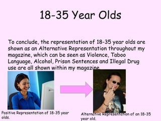 18-35 Year OldsTo conclude, the representation of 18-35 year olds are shown as an Alternative Representation throughout my magazine, which can be seen as Violence, Taboo Language, Alcohol, Prison Sentences and Illegal Drug use are all shown within my magazine.Positive Representation of 18-35 year olds.Alternative Representation of an 18-35 year old.