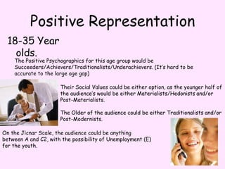 Positive Representation18-35 Year olds.The Positive Psychographics for this age group would be Succeeders/Achievers/Traditionalists/Underachievers. (It’s hard to be accurate to the large age gap)Their Social Values could be either option, as the younger half of the audience’s would be either Materialists/Hedonists and/or Post-Materialists.The Older of the audience could be either Traditionalists and/or Post-Modernists.On the Jicnar Scale, the audience could be anything between A and C2, with the possibility of Unemployment (E) for the youth. 