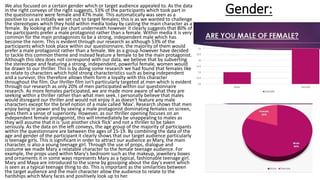 Gender:We also focused on a certain gender which or target audience appealed to. As the data
in the right conveys of the right suggests, 53% of the participants which took part in
the questionnaire were female and 47% male. This automatically was seen as a
positive to us as initially we set out to target females; this is as we wanted to challenge
the stereotypes which they hold within media today by casting the main character as a
female. By looking at the pie chart underneath however it clearly suggests that 80% of
the participants prefer a male protagonist rather than a female. Within media it is very
common for the main protagonists to be a strong, independent male which has
become the norm. This is evident through our research as although 53% of the
participants which took place within our questionnaire, the majority of them would
prefer a male protagonist rather than a female. We as a group however have decided
to tackle this common theme and instead feature a female to be the main protagonist.
Although this idea does not correspond with our data, we believe that by subverting
the stereotype and featuring a strong, independent, powerful female, women would
be drawn to our thriller. This is by doing some research we had found that females like
to relate to characters which hold strong characteristics such as being independent
and a survivor, this therefore allows them form a loyalty with this character
throughout the film. Our thriller film isn't particularly targeted at men which is evident
through our research as only 20% of men participated within our questionnaire
research. As more females participated, we are made more aware of what they are
seeking within a thriller rather than what men seek. I personally believe that males
would disregard our thriller and would not enjoy it as doesn't feature any male
characters except for the brief notion of a male called 'Max'. Research shows that men
enjoy being in power and by seeing a male protagonist dominating females on screen,
gives them a sense of superiority. However, as our thriller opening focuses on an
independent female protagonist, this will immediately be unappealing to males as
they will assume that it is 'just another chick flick' and not a thriller to be taken
seriously. As the data on the left conveys, the age group of the majority of participants
within the questionnaire are between the ages of 15-19. By combining the data of the
age and gender of the participant it clearly shows that our target audience particularly
is teenage girls. This is significant in order to attract our audience as Mary, the main
character, is also a young teenage girl. Through the use of props, dialogue and
costume we made Mary a relatable character to the female teenage audience. For
example, the props used within Mary's bedroom such as the makeup, jewellery boxes
and ornaments it in some ways represents Mary as a typical, fashionable teenage girl.
Mary and Maya are introduced to the scene by gossiping about the day’s event which
is seen as a typical teenage thing to do. This is important as the similarities between
the target audience and the main character allow the audience to relate to the
hardships which Mary faces and positively look up to her.
 