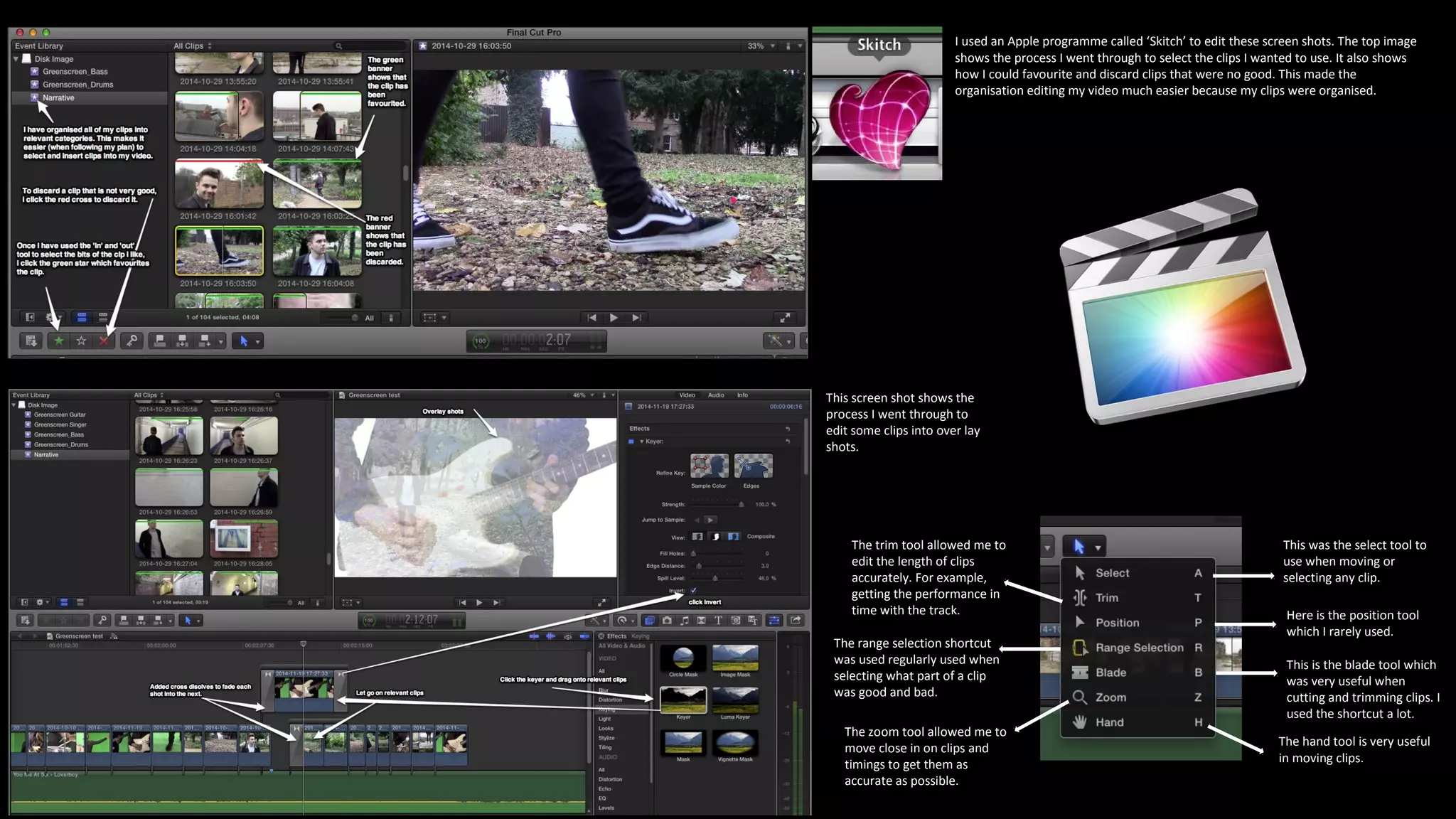 I used an Apple programme called ‘Skitch’ to edit these screen shots. The top image
shows the process I went through to select the clips I wanted to use. It also shows
how I could favourite and discard clips that were no good. This made the
organisation editing my video much easier because my clips were organised.
This screen shot shows the
process I went through to
edit some clips into over lay
shots.
This was the select tool to
use when moving or
selecting any clip.
Here is the position tool
which I rarely used.
This is the blade tool which
was very useful when
cutting and trimming clips. I
used the shortcut a lot.
The hand tool is very useful
in moving clips.
The trim tool allowed me to
edit the length of clips
accurately. For example,
getting the performance in
time with the track.
The range selection shortcut
was used regularly used when
selecting what part of a clip
was good and bad.
The zoom tool allowed me to
move close in on clips and
timings to get them as
accurate as possible.
 